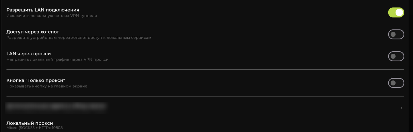 Настройки соединения INCY на Windows: «Разрешить LAN подключения», «Доступ через хотспот», «LAN через прокси» и локальный прокси Mixed на порту 10808