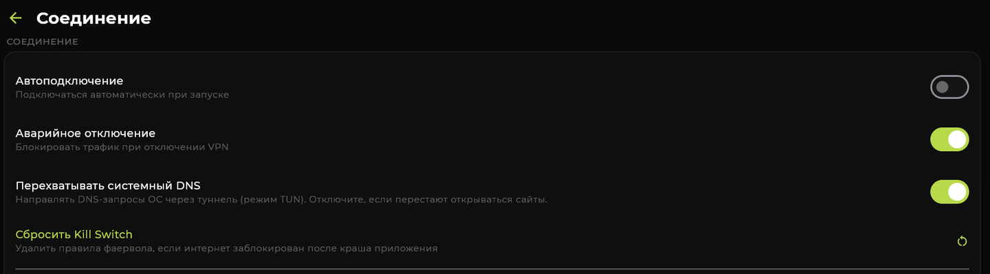 Настройки соединения INCY на Windows: включён переключатель «Аварийное отключение» (Kill Switch)